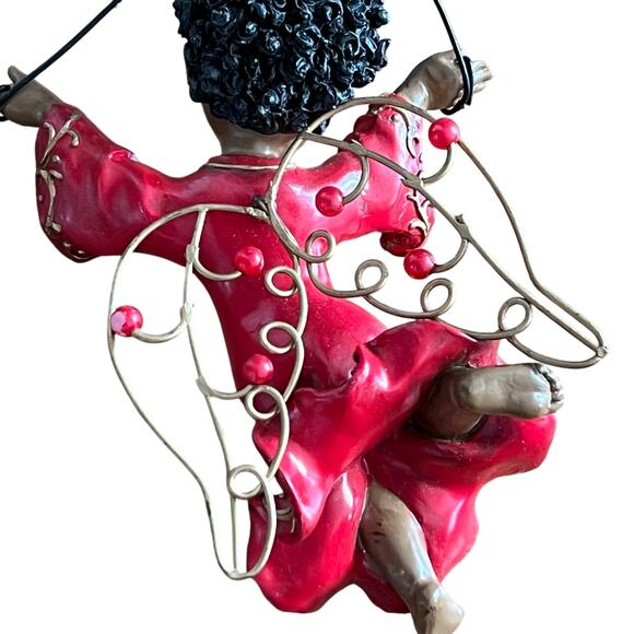 Black African American Angel Ornament Red Gown Gold Stars and Wings - Picture 4 of 4